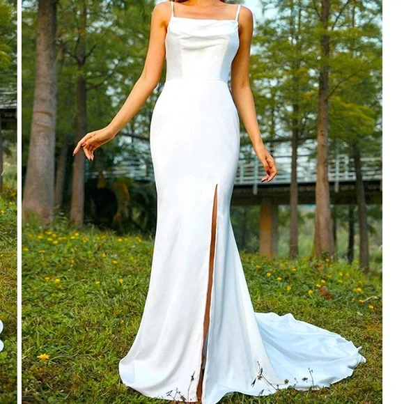 Hebeos Sheath Charmeuse Ruched Spaghetti Straps Brush Train